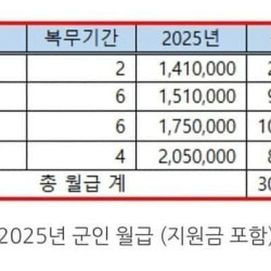 2025년 대한민국 군인 월급