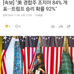 속보] 美 경합주 조지아 84% 개표, 트럼프 승리 확률 92%